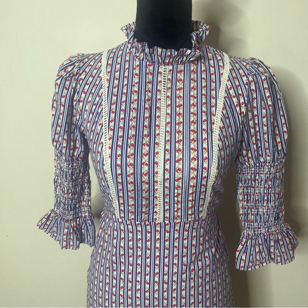 Laura Ashley x Urban Outfitters Floral Mock Neck Smocked Ruffle Mini Dress Sz XS - Picture 3 of 16